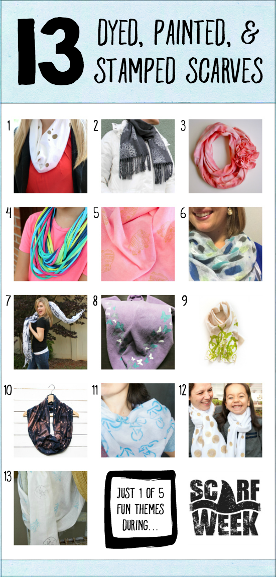 13 Dyed, Painted, & Stamped Scarves | Just 1 of 5 inspirational themed days of tutorials during Scarf Week 2015. Whether it's tie-dye or painting with stencils or stamping it up, you'll have no shortage of creative ideas for ways to create your own scarves and dress up the ones you already have!