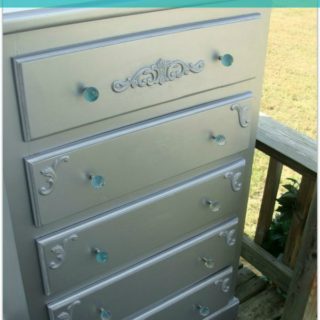 Glam silver dresser makeover with paint and wood appliques H2OBungalow