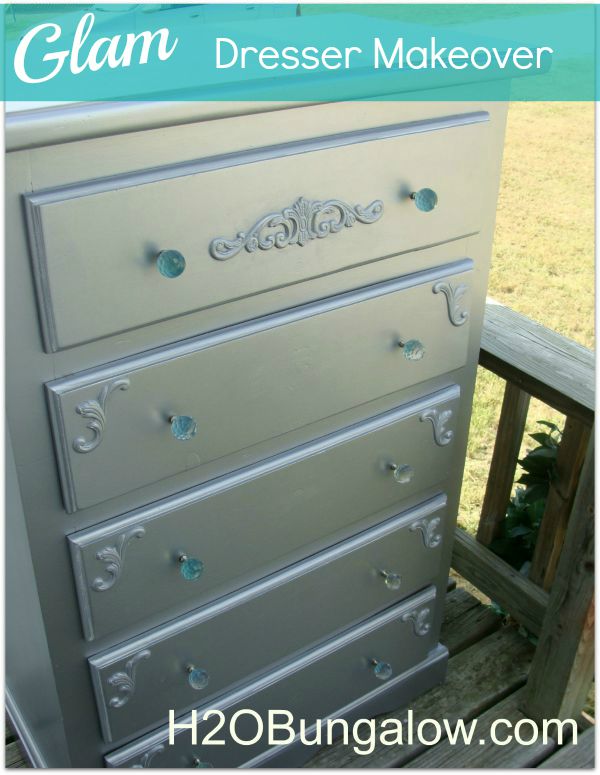 Glam silver dresser makeover with paint and wood appliques H2OBungalow