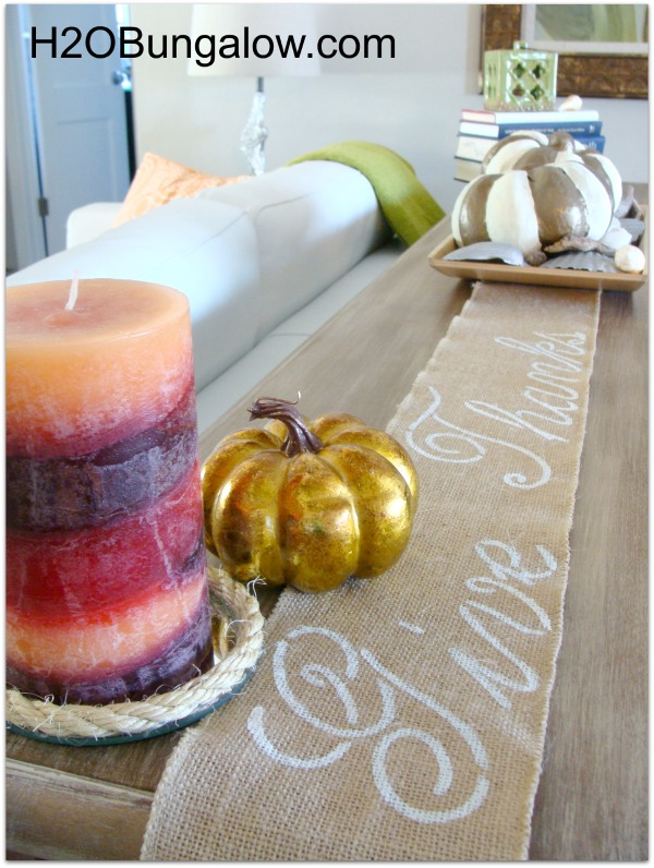 Simple no sew burlap table runner is easy to make and best of all I use it for my sofa table and my dining table. We get to enjoy it much more during the Thanksgiving season! www.H2OBungalow.com #Thanksgiving 