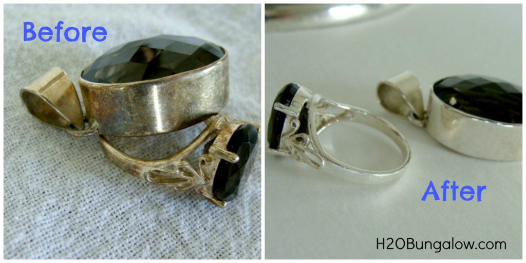 before and after of tarnished silver rings cleaned with natural ingredients