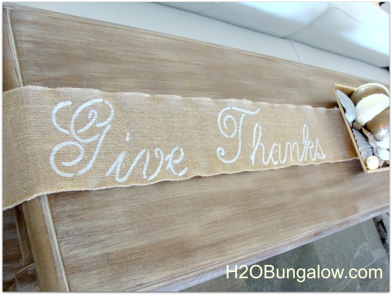 Simple no sew burlap table runner is easy to make and best of all I use it for my sofa table and my dining table. We get to enjoy it much more during the Thanksgiving season! www.H2OBungalow.com #Thanksgiving 