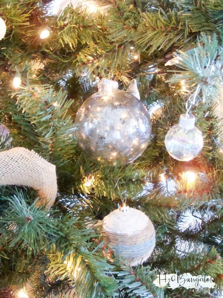 DIY mercury glass Christmas ornament hanging on Christmas tree