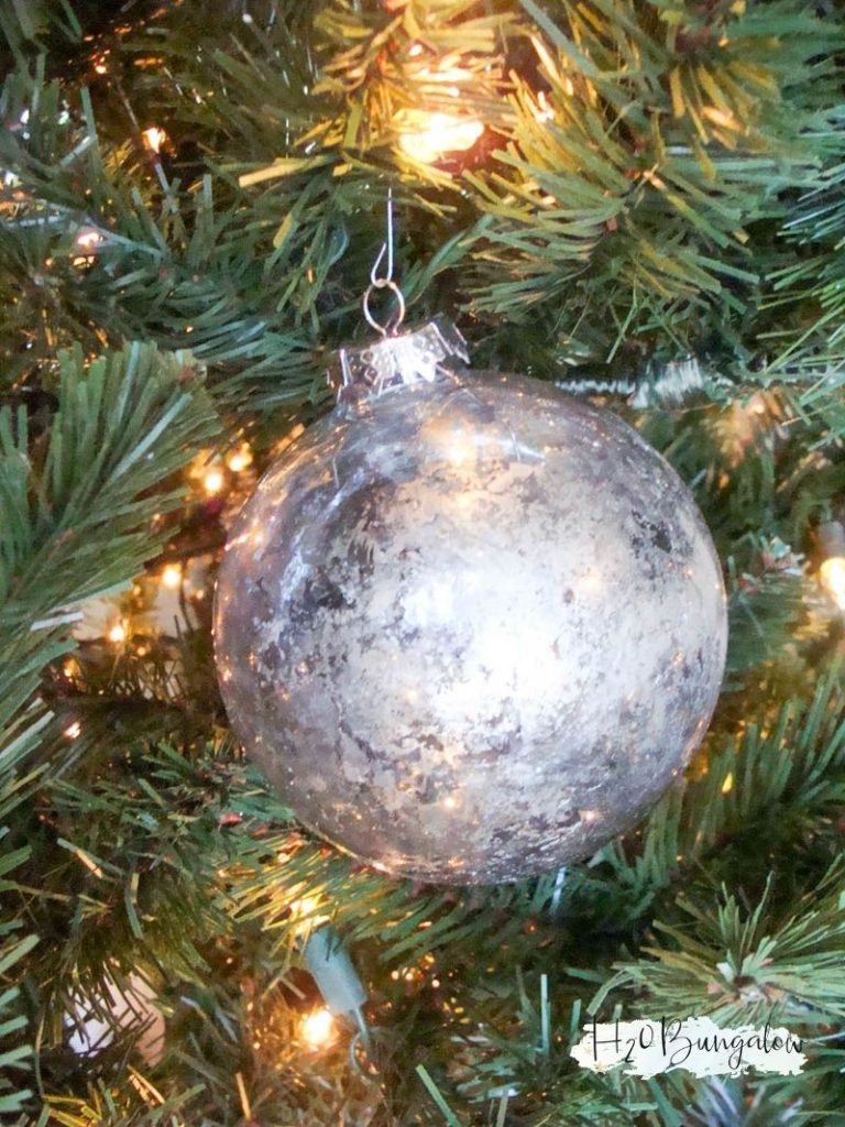 DIY mercury glass Christmas ornament hanging on Christmas tree