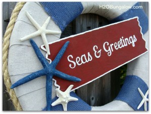 Seas and Greetings DIY Costal Christmas Wreath with tutorial. Hang one on your door and get into the Nautical Christmas spirit this holiday season! www.H2OBungalow #nauticalchristmas
