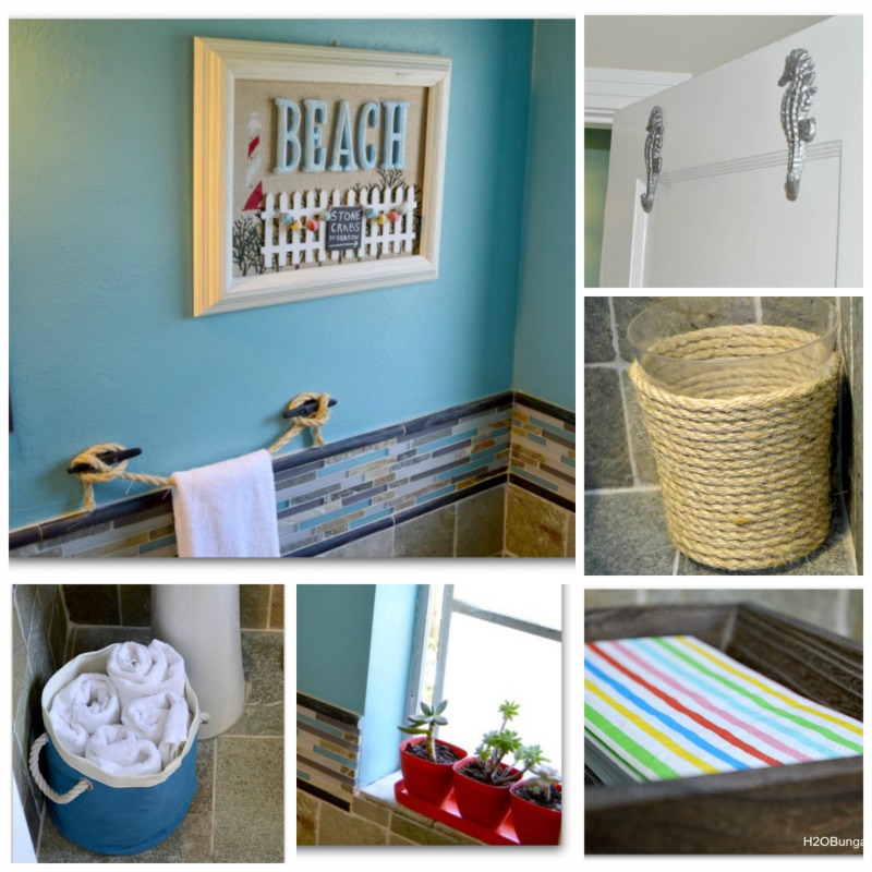 Beachy coastal bathroom makeover that is anything but boring. From the copper tissue holder to the boat cleat towel holder this bath is unique and fun. You won't believe the before! www.H2OBungalow.com