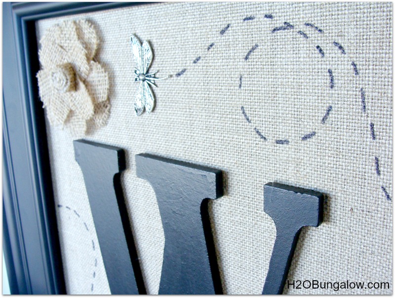 burlap canvas monogram with dragonfly