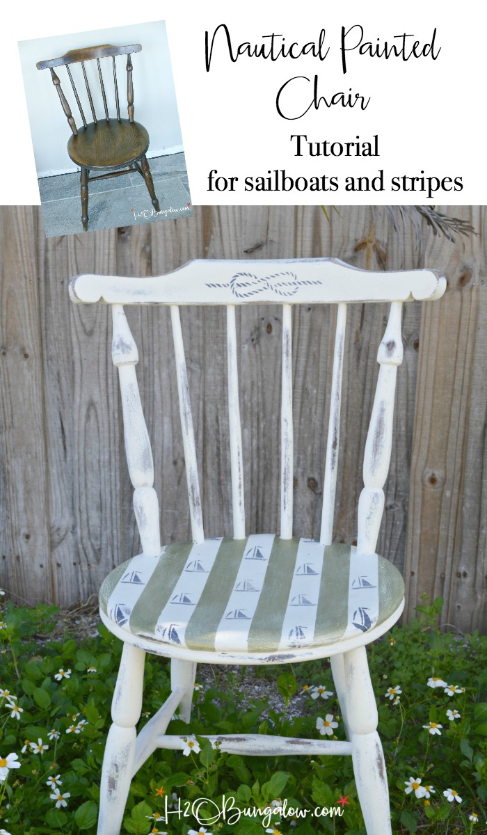 DIY nautical accent chair makeover. Furniture painting tutorial for stripes and sailboat stenciling with resource list. Make your own coastal accent chair. Find more home decor tutorials at H2OBungalow.com