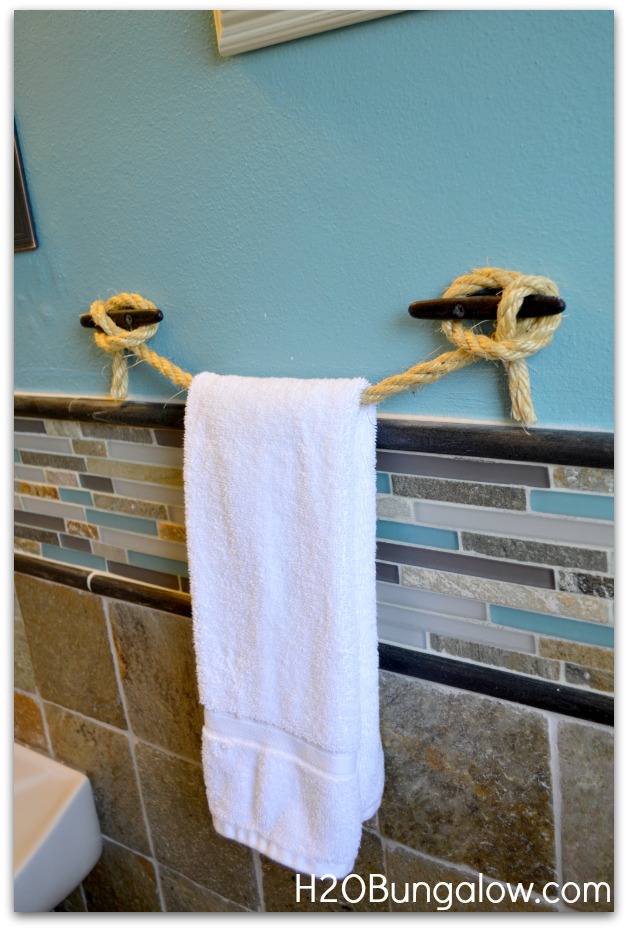 Full view of diy nautical towel holder and cleats