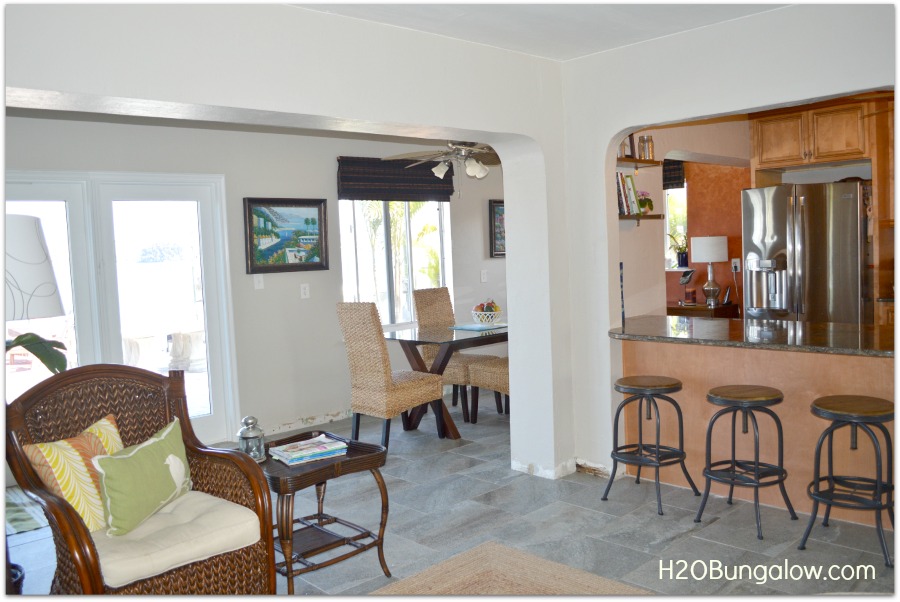 side view of a decorated small home dining and living room