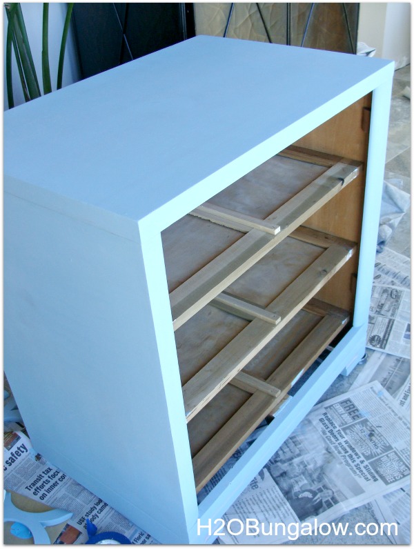 Coastal dresser with blue first coat of paint by H2OBungalow