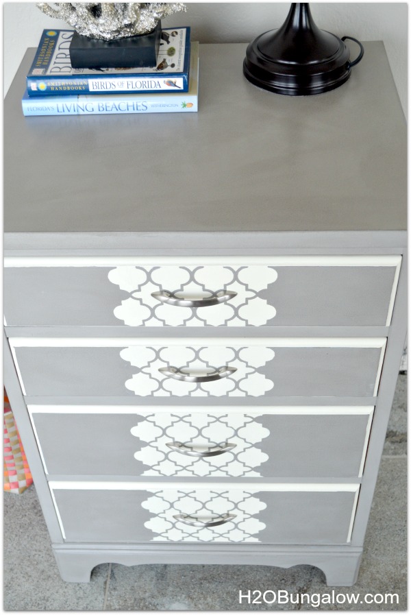 Modern Stenciled Dresser in grey updaed this plain chest into a contemporary side table H2OBungalow