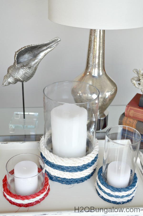 patriotic and nautical, these red white and blue rope candle holders look gret year round H2OBungalow