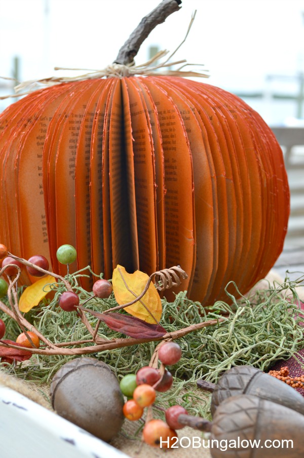 DIY book pumpkin on tray with seasonal decor 