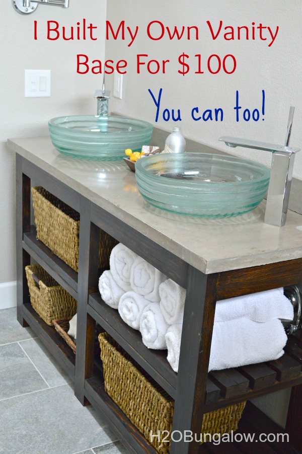 I built my own DIY Vanity with open shelves for about $100. You can too! Download my free plans. This woud also make an awesome kitchen island! www.H2OBungalow.com #woodworking #freebuildplans # buildit