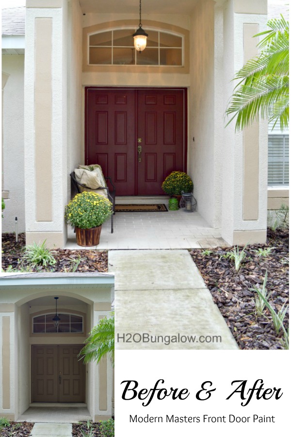 View from the walkway of the entire front door entry space with newly painted front door and decor with text overlay.