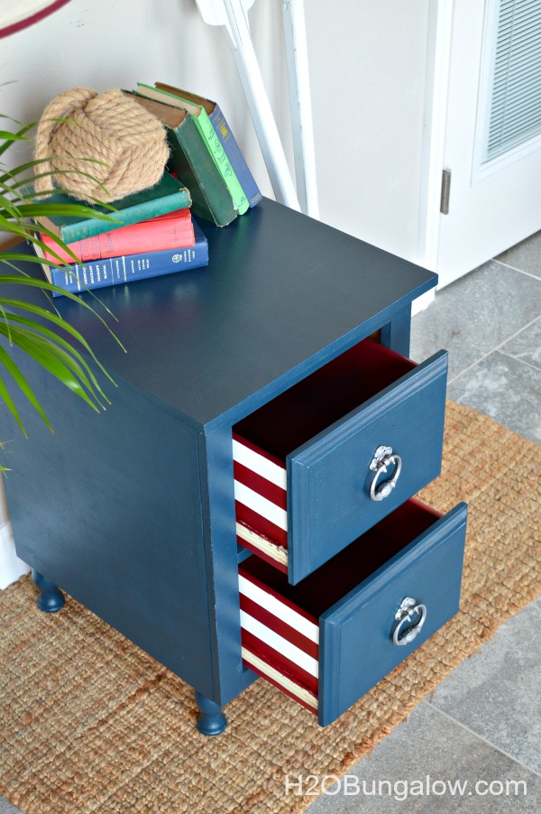 Blue nightstand with a red a white drawer surprise H2OBungalow
