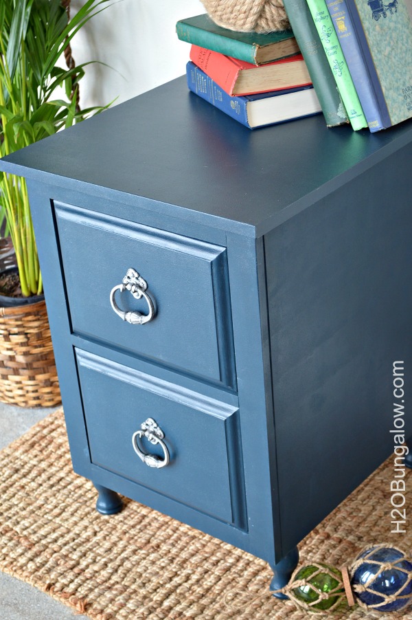 Blue-nightstand-with-red-drawers-and-white-striped-sides-for-a-pop-of-color-from-H2OBungalow