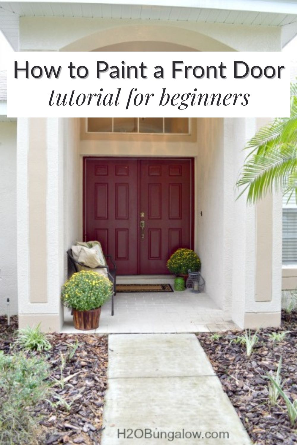 Newly painted front door with text overlay "How to paint a front door tutorial for beginners
