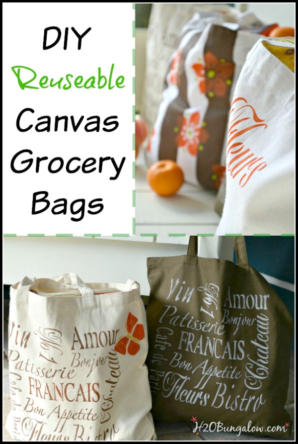 DIY reuseable canvas grocery bags are not only green, they're sturdy and look great too! H2OBungalow.com 