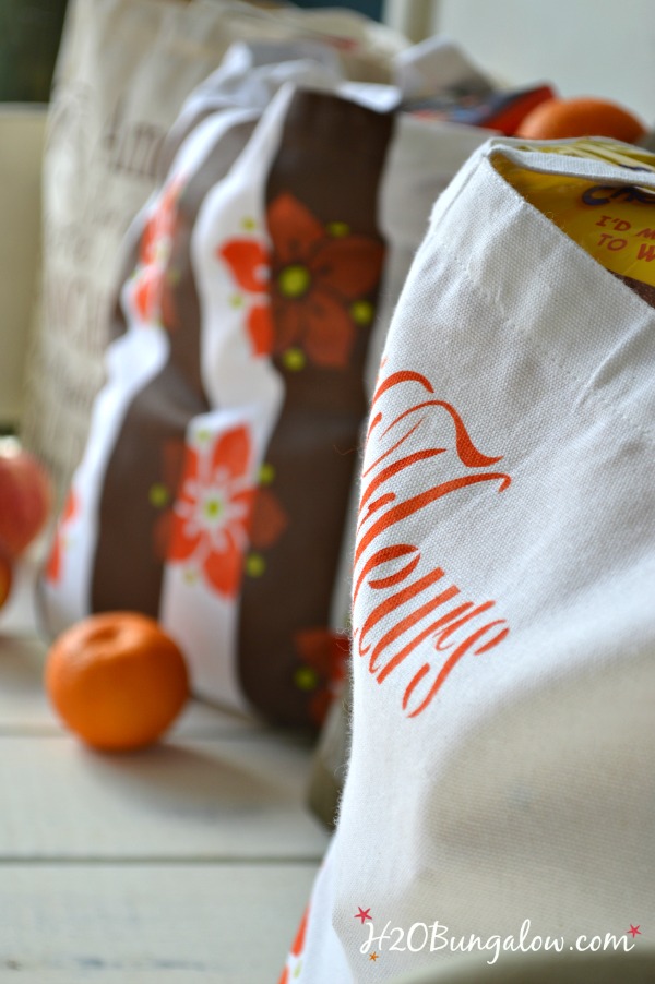 DIY reuseable canvas grocery bags are not only green, they're sturdy and look great too! H2OBungalow.com 