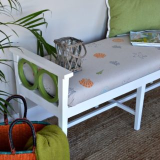 Coastal-beachy-style-bench-makeover-with-hand-stenciled-fabric-by-H2OBungalow