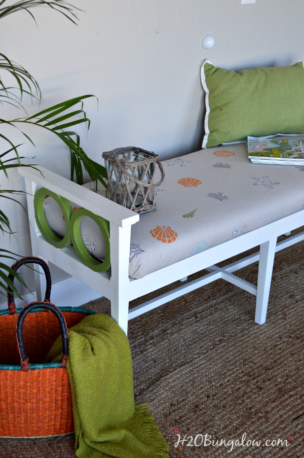 Coastal-beachy-style-bench-makeover-with-hand-stenciled-fabric-by-H2OBungalow