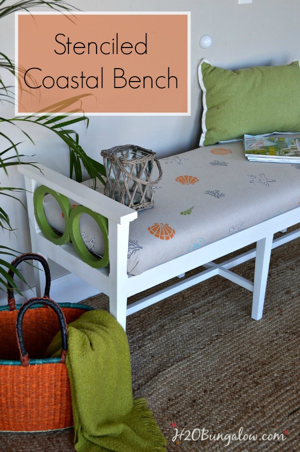 DIY-coastal-beachy-style-bench-makeover-with-hand-stenciled-fabric-by-H2OBungalow