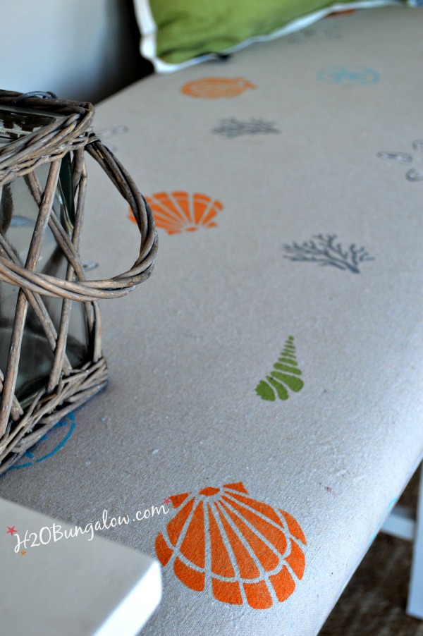 Hand-stenciled-fabric-for-coastal-beachy-bench-makeover-by-H2OBungalow