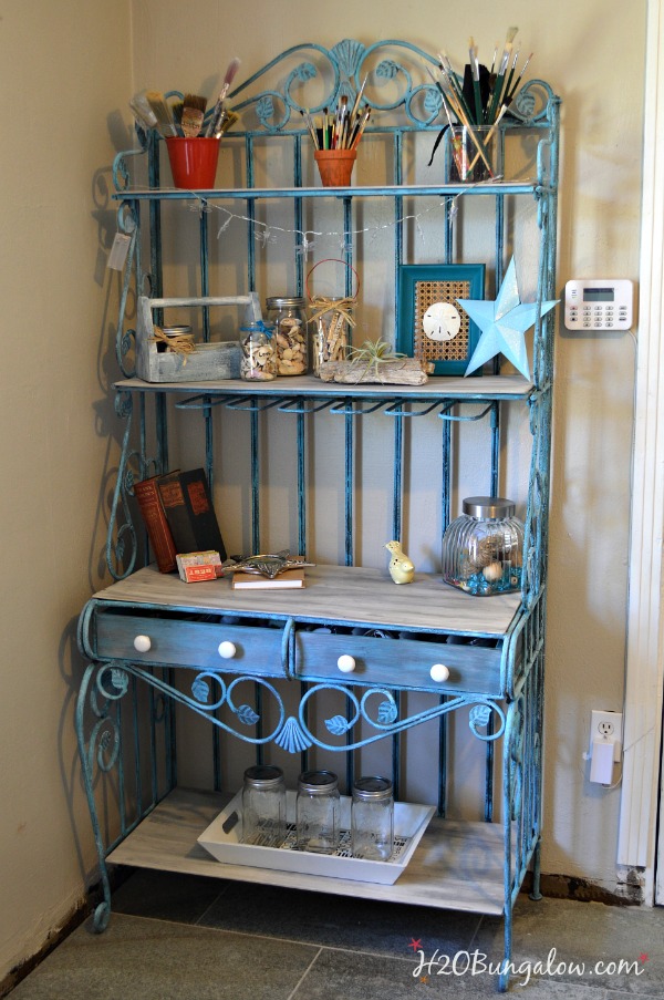 blue painted bakers rack 