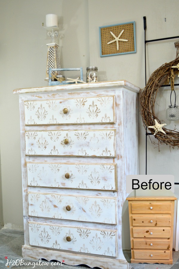 Before-and-after-Gold-and-white-damask-stenciled-Dresser-tutorial-included-in-post-H2OBungalow