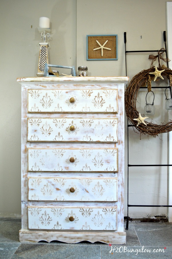 White and Gold Distressed Damask Dresser