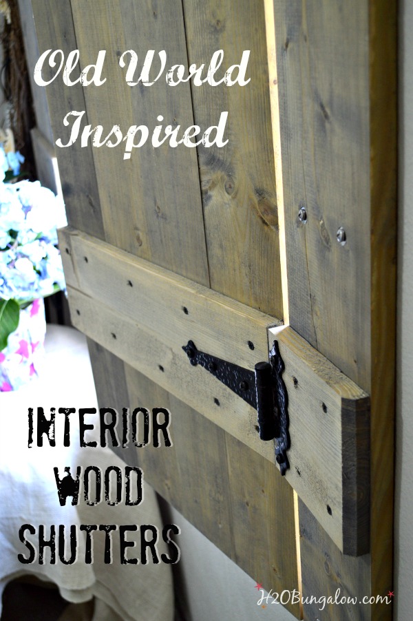 Build your own set of old world inspired wood shutters. Finish raw wood with an aging product and you have a realistic vintage appeal on a DIY budget! Good tutorial. www.H2OBungalow.com #woodworking #powertoolproject