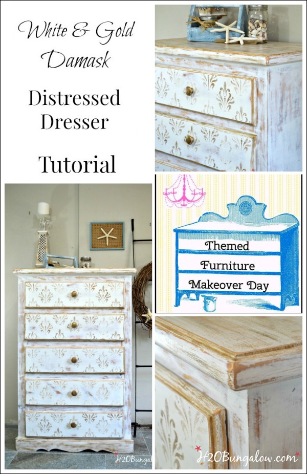 White And Gold Distressed Damask Dresser, White Distressed Dresser