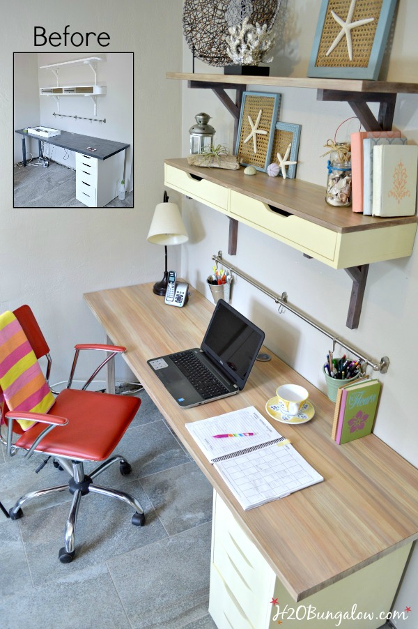 Before and after ikea desk makeover using Chalky Finish Paint By DecoArt and faux wood grainging the desktop. Simple tutorial included - H2OBungalow #paintedfurniture #paintingtutorial