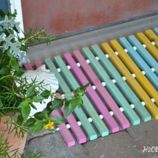 DIY summer wood doormat for the One Power Tool Challenge making a project with only 1 power tool. This round is a drill. See 12 other star bloggers linked who share their fabulous drill projects too. Good beginner tool projects to make and use! H2OBungaloe #onepowertoolchallenge #build #tools