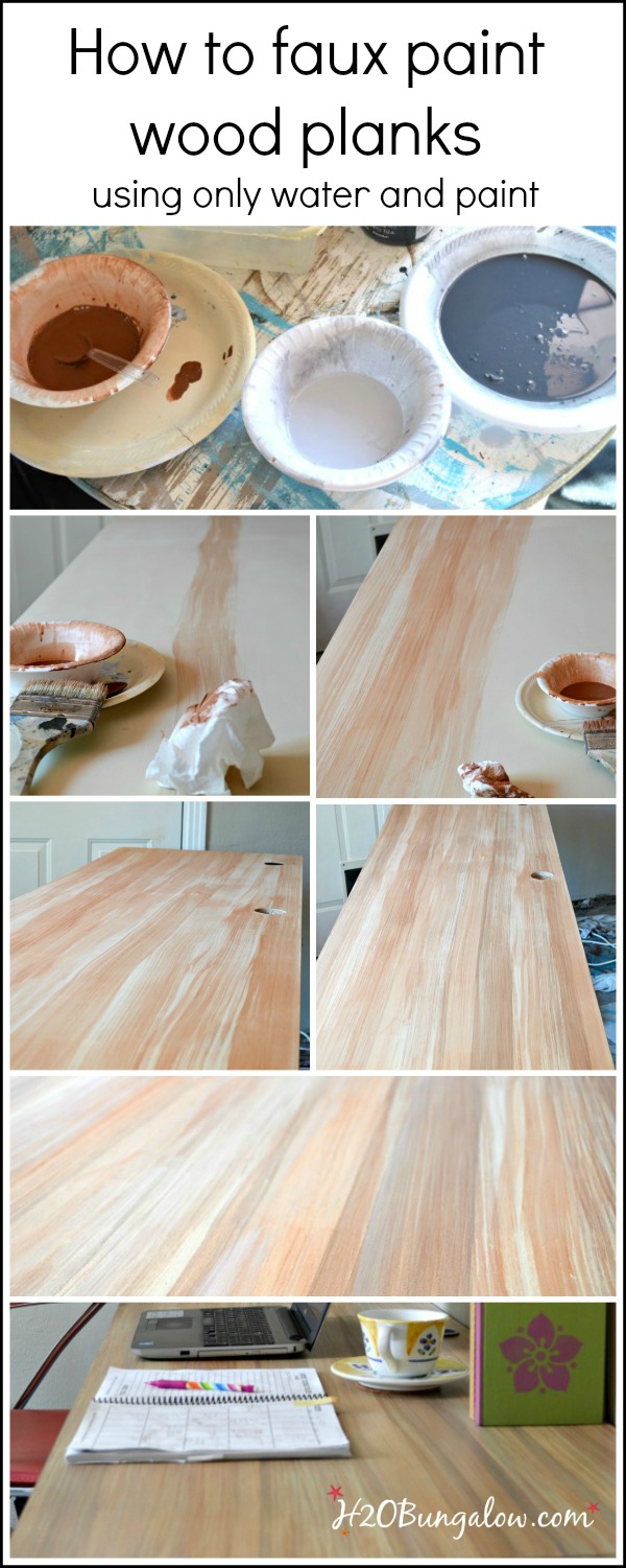 How to faux paint wood planks using paint and water aloe.  Change base color to mimic cedar, hicory or another wood type. Simple! H2OBungalow #paintedfurniture #paintingtutorial