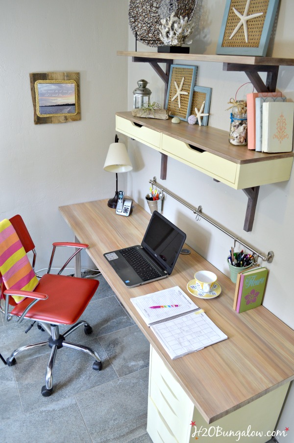 Ikea-melamine-desk-makeover-with DecoArt Chalky Finish Paint.  Tutorial included  to paint faux wood grain top by H2OBungalow