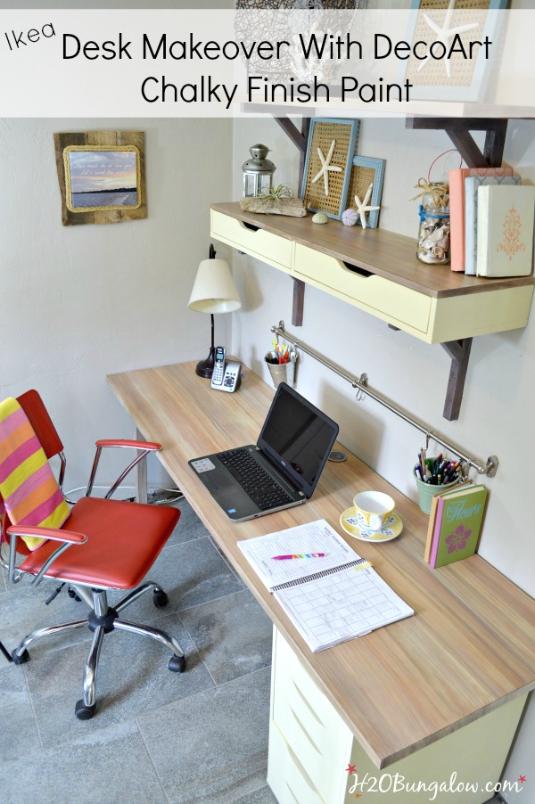 Ikea desk makeover with faux wood grain top using DecoArt Chalky Finish Paint -H2OBungalow #tutorial #paintedfurniture  