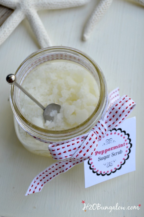 Try this sugar scrub hand wash recipe to clean, exfoliate and soften hands. It feels wonderful on your skin after gardening or painting. Recipe includes rich and protective skin softening ingredients. www.H2OBungalow.com #giftidea