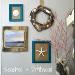 Seashell and driftwood coastal crafts. Wall art, driftwood and shell wreath and coatsal photo art. Part of the Seashell Craft Tour 3 days , 12 bloggers linking fantastic projects H2OBungalow