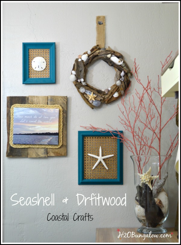 Seashell and driftwood coastal crafts. Wall art, driftwood and shell wreath and coatsal photo art. Part of the Seashell Craft Tour 3 days , 12 bloggers linking fantastic projects H2OBungalow