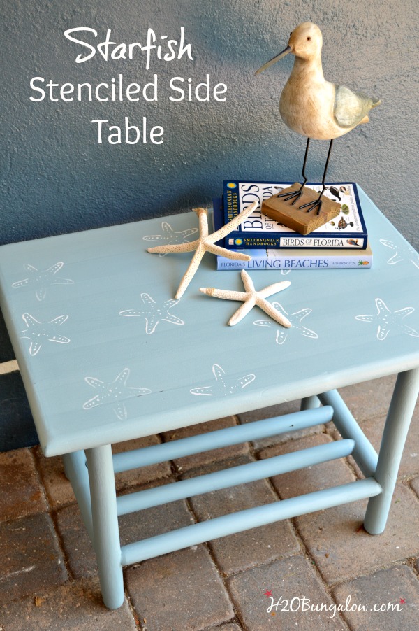 Starfish stenciled side table for the monthly Themed Furniture Day #paintedfurniture 