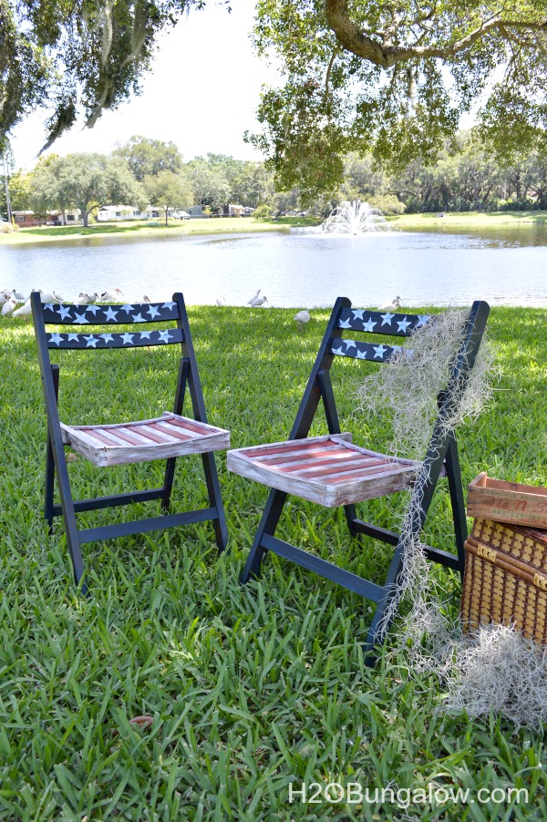 Red white and blue DIY patriotic chair makeover for the patriotic bloggers tour. See this and about 50 more fabulous red white and blue projects you can make all linked to this post H2OBungalow 