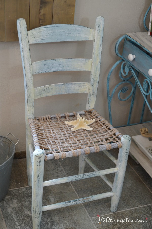 Rustic coastal chair makeover  on a vintage coastal  chair by H2OBunglow See this project and many more rustic furniture makeovers linked up to this post #paintedfurniture #themedfurnitureday 