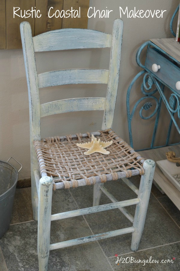 Rustic coastal vintage chair makeover with layered and distressed paint adds character and style to tis lovely chair by H2OBungalow #themedfurnitureday 