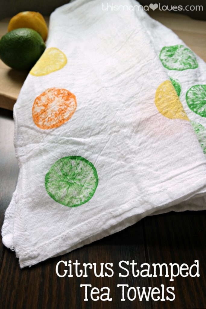 DIY Sunday Showcase feature Citrus Stamped Tea Towels by This Mama Loves 