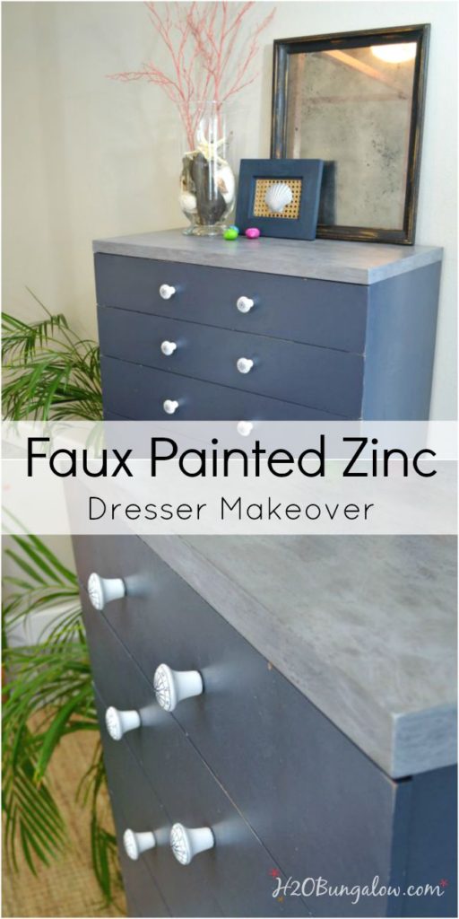 masculine dresser makeover with faux painted zinc dresser top and vintage nautical drawer pulls transformed a raggy MCM piece into a gorgeous show stopper H2OBungalow.com #paintedfurniture #industrialfurniture #vintagenautical 