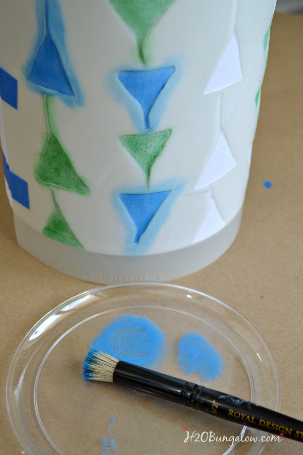 Apply paint to stenciled DIY lampshade one color at a time  Stencil a lampshade tutorial  by H2OBungalow