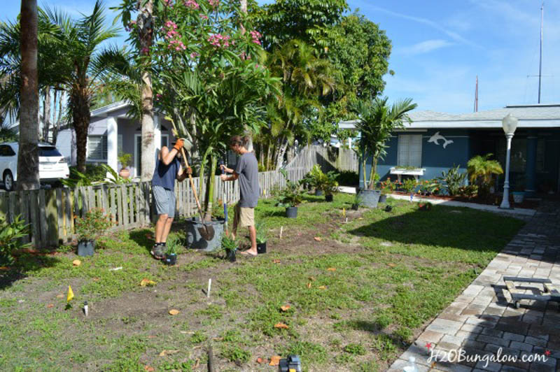 2 men working on budget DIY landscaping in front yard